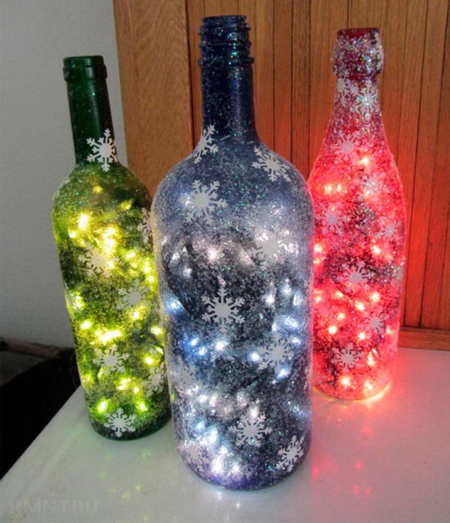 Новогодний декор стеклянных бутылок